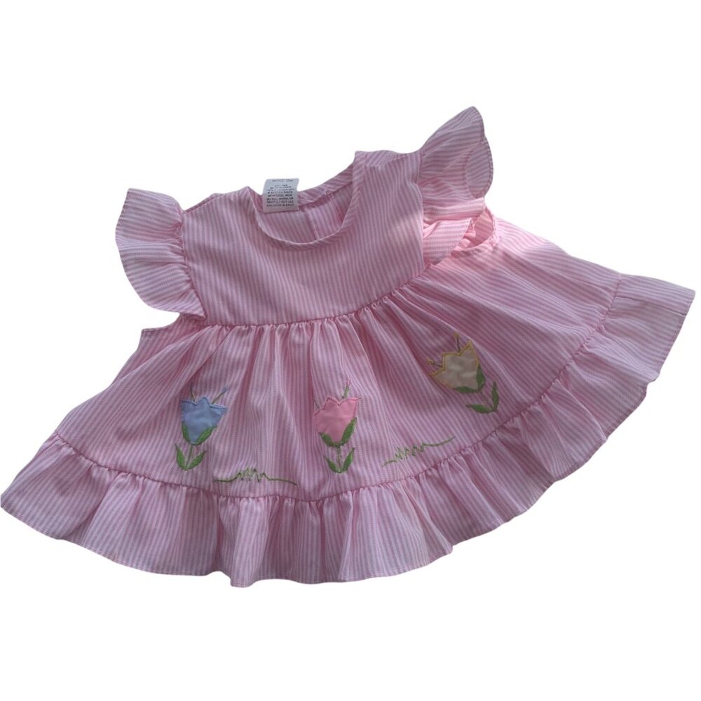 Vintage Pastel Striped Ruffle Sleeve Tulip Embroidered Babydoll Top 6-9 Months